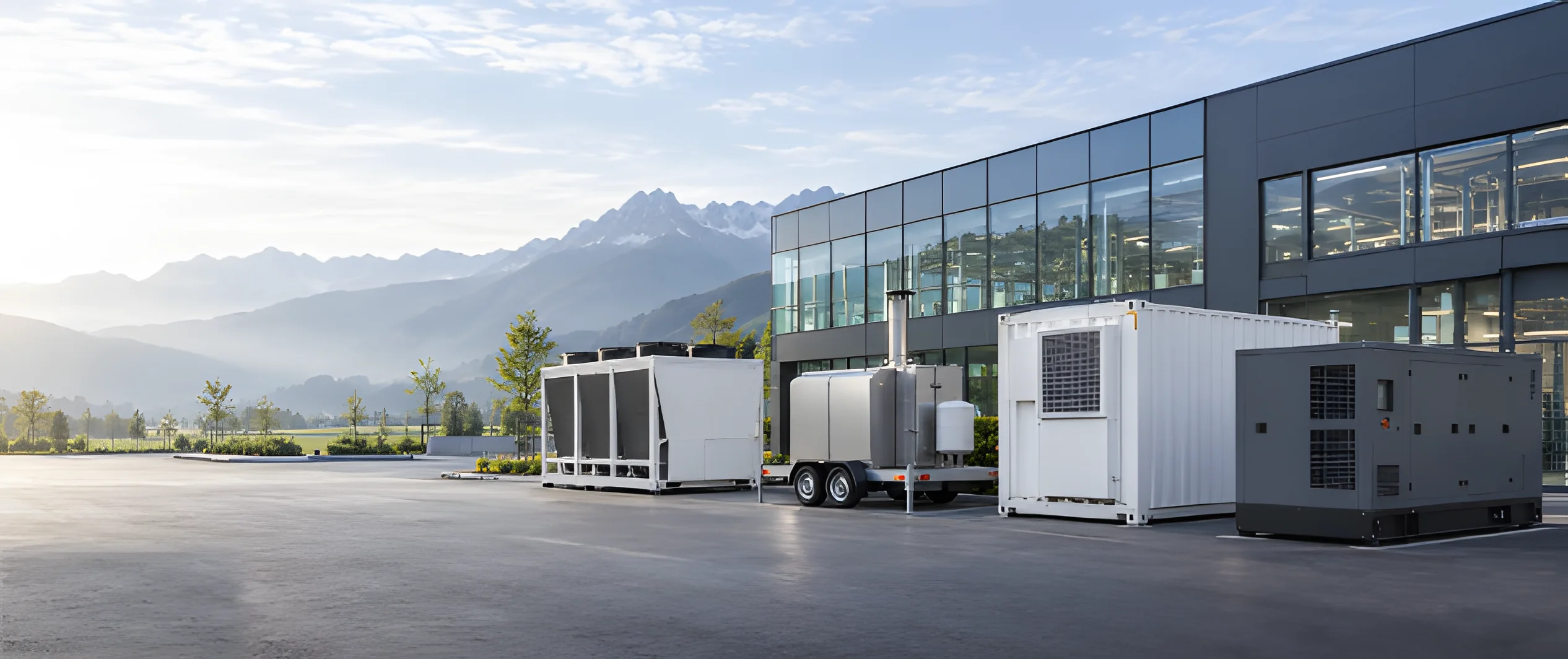Kälteanlage, Heizzentrale auf Anhänger, Container und Stromerzeuger vor einem Bürogebäude mit Bergpanorama